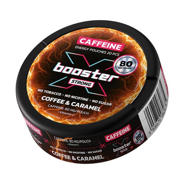 X-booster Woreczki Energetyczne Coffee & Caramel 80mg SNUS: opakowanie saszetek z napisem Coffee & Caramel 80 mg X-booster Woreczki Energetyczne Coffee & Caramel 80mg SNUS: opakowanie saszetek z napisem Coffee & Caramel 80 mg