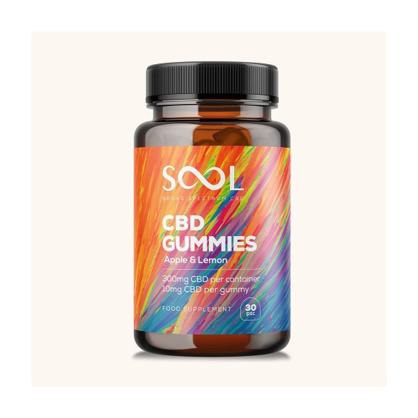 Żelki CBD 300mg 30szt - Broad Spectrum: pojedynczy słoik SOOL na jasnym tle, etykieta z przodu
