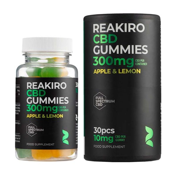 Żelki CBD 300mg 30szt - Full Spectrum: słoik obok tuby opakowania, oba z etykietą Full Spectrum