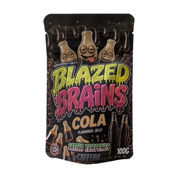 Zelki konopne BLAZED BRAINS Cola 100g: czarna torebka z brazowymi postaciami, napis Cola