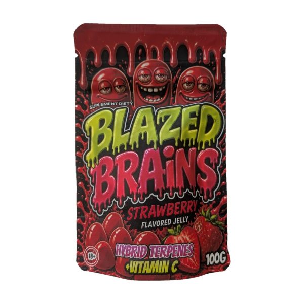 Zelki konopne BLAZED BRAINS Strawberry 100g: czerwona torebka z postaciami, napis Strawberry Zelki konopne BLAZED BRAINS Strawberry 100g: czerwona torebka z postaciami, napis Strawberry