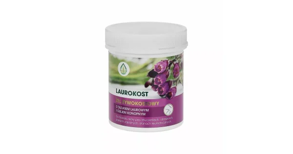 Laurokost 250ml: żel żywokostowy z olejem laurowym i konopnym Laurokost żel żywokostowy 250 ml z olejkiem laurowym i olejem konopnym: opakowanie kosmetyczne