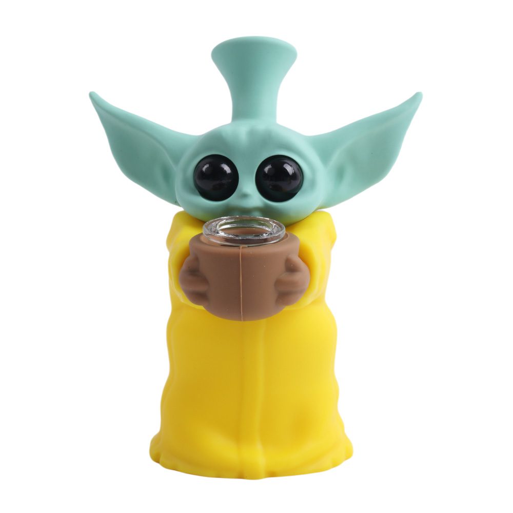 Bongo silikonowe Baby Yoda Grogu w kolorze żółtym - stojąca figurka 13 cm z wykręcanym cybuchem