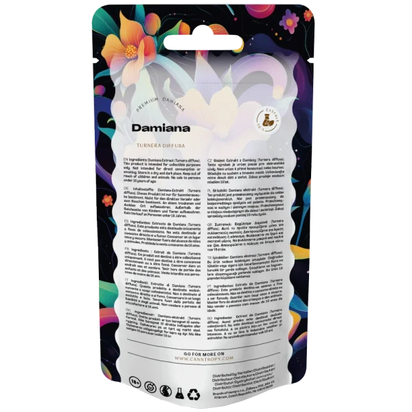 Ekstrakt Damiana (Turnera diffusa) 10:1 - 25G Damiana 10:1 25 g, ujęcie z bliska na większe opakowanie ekstraktu