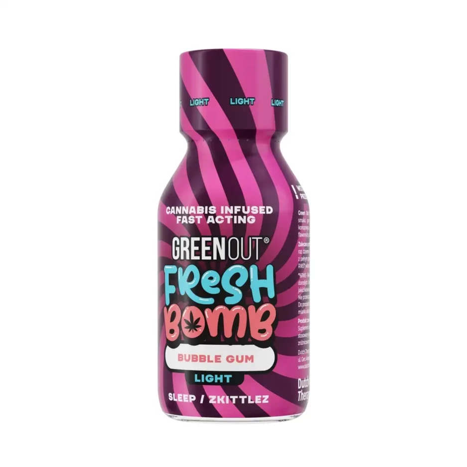 Green Out Fresh Bomb Bubble Gum LIGHT - 100 ml bottle of hemp shot with measuring spoon