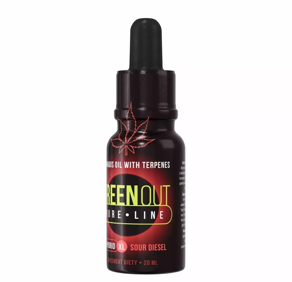 Olejek konopny Green Out Pure XL Sour Diesel HYBRID 20 ml: butelka olejku z dozownikiem
