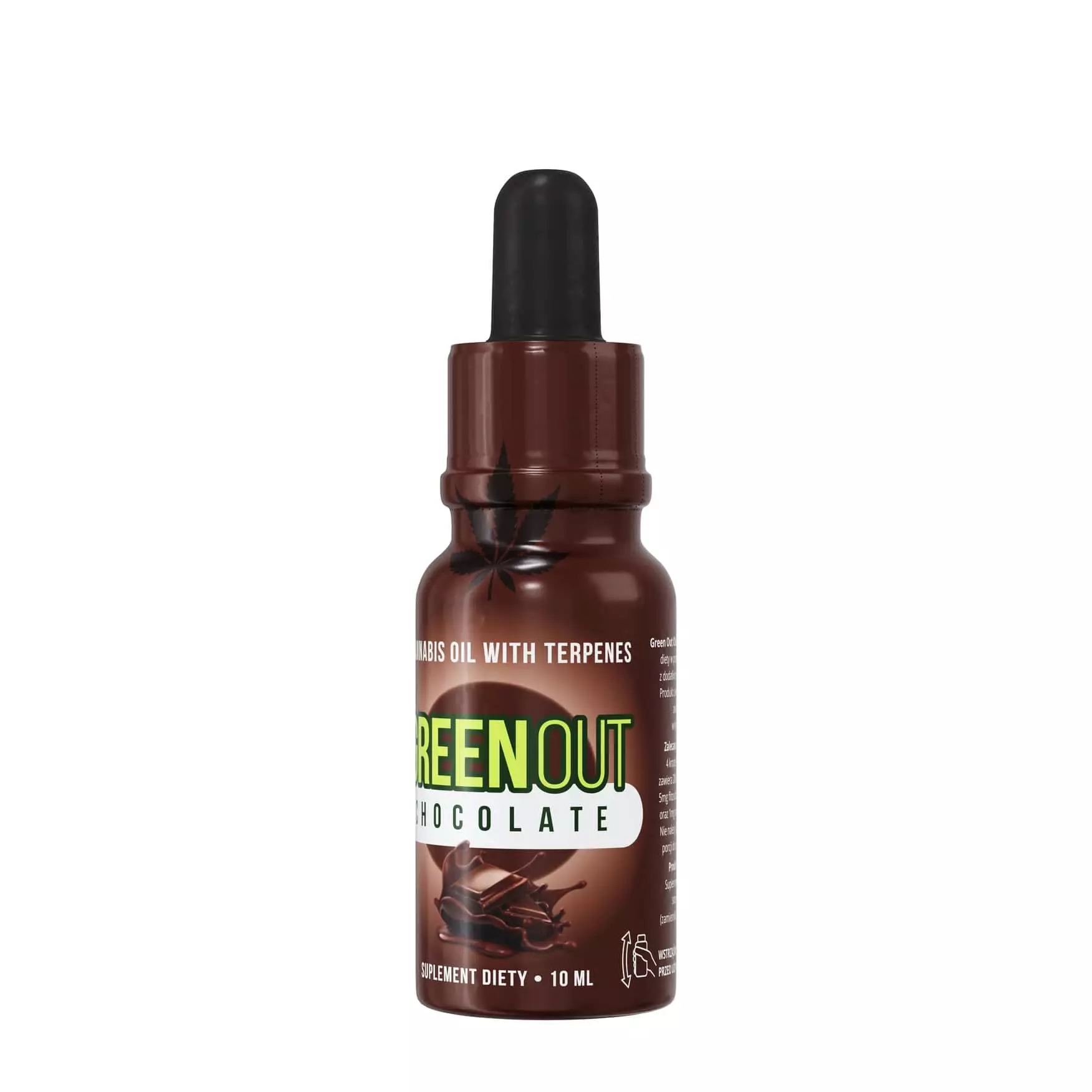 Green Out Relax Chocolate - brązowa butelka z czarną pipetą i grafiką rozlanej czekolady