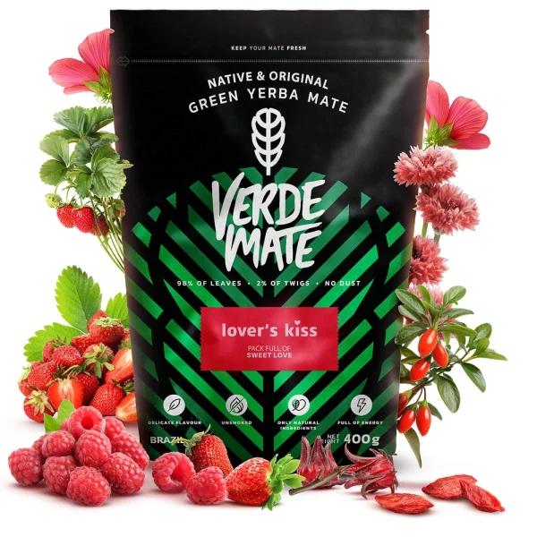 Yerba Mate Verde Mate Green Lover's Kiss 0,4 kg Yerba Mate Verde Mate Green Lover's Kiss 0,4 kg: zielona yerba z truskawką, maliną i goji