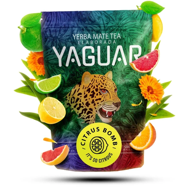 Yerba Mate Yaguar Citrus Bomb 0,5kg Yerba Mate Yaguar Citrus Bomb: opakowanie 500 g, ujęcie z przodu