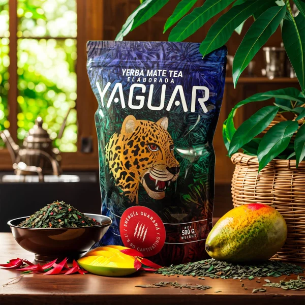 Yerba Mate Yaguar Energia Guarana 0,5kg Yerba Mate Yaguar Energia: widok suszu yerba mate w paczce 0,5 kg