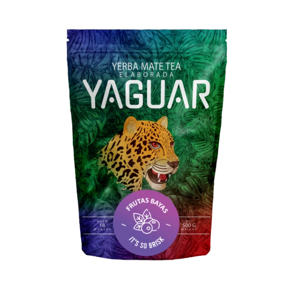 Yerba Mate Yaguar Frutas Bayas 0,5kg Yerba Mate Yaguar Frutas Bayas: susz jagodowy w paczce 0,5 kg, ujęcie z bliska