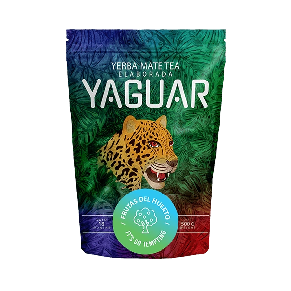 Yerba Mate Yaguar Frutas del Huerto 0.5kg Yerba Mate Yaguar Frutas del Huerto: susz w paczce 0,5 kg, ujęcie z bliska