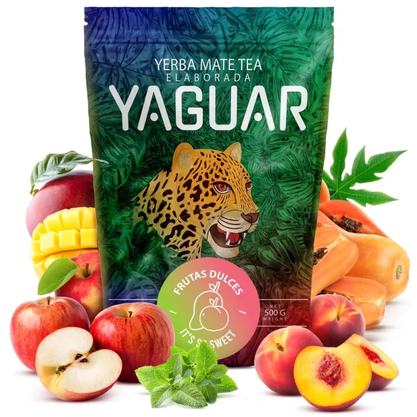 Yerba Mate Yaguar Frutas Dulces 0.5kg Yerba Mate Yaguar Frutas Dulces 0,5 kg: brazylijska yerba z jabłkiem, papają, mango i miętą