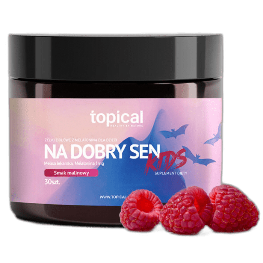 Kids TOPICAL sleep gummies - jar of 30 raspberry gummies with melatonin and lemon balm extract