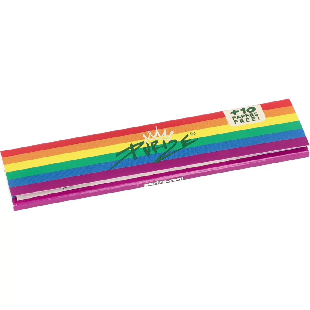 Bibułki Purize Rainbow KS Slim - zamknięta, tęczowo kolorowa paczka z naklejką dziesięciu arkuszy gratis