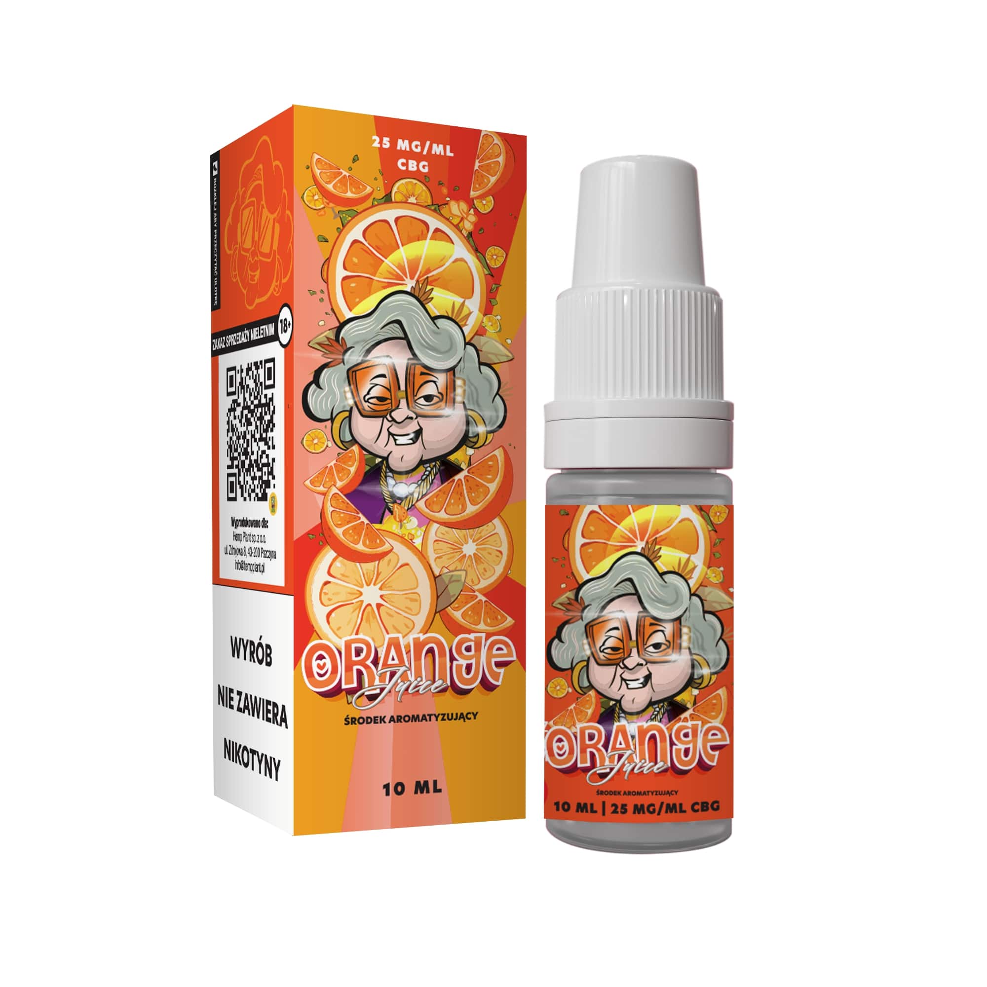 Liquid Orange Juice Babcia Marysia - pudełko i buteleczka 10 ml z zapisem 25 mg na mililitr