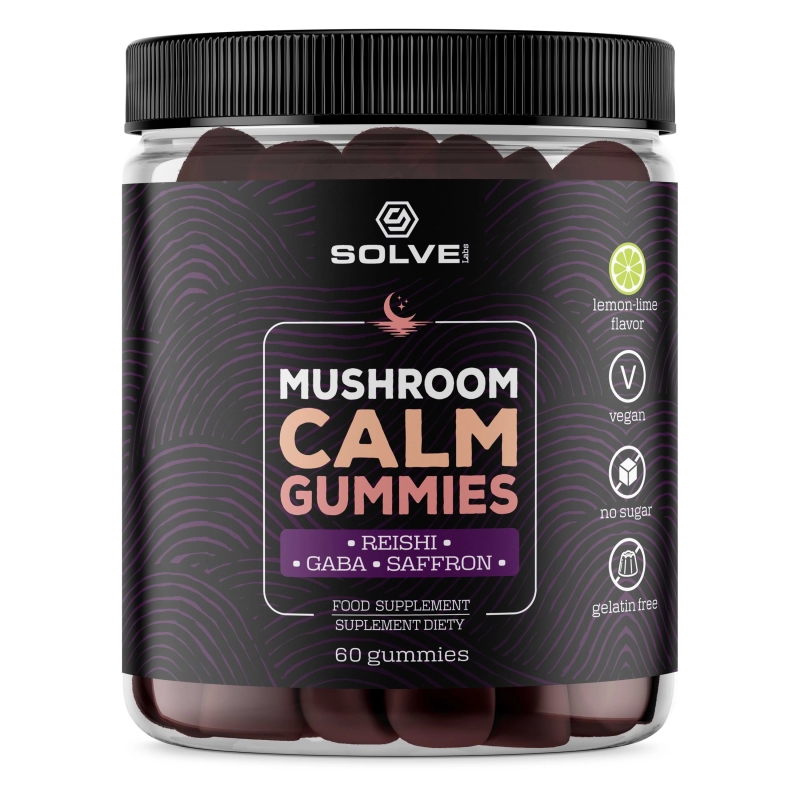 Żelki Mushroom Calm Solve Labs: szafran, reishi i GABA, opakowanie 60 sztuk