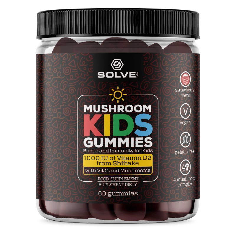Żelki dla dzieci Mushroom Kids D2 i C Solve Labs, 4 grzyby witalne, 60 sztuk