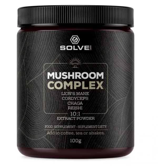 SolveLabs Mushroom Complex proszek 100 g Mushroom Complex Solve Labs 100 g: mieszanka ekstraktów z 7 grzybów witalnych