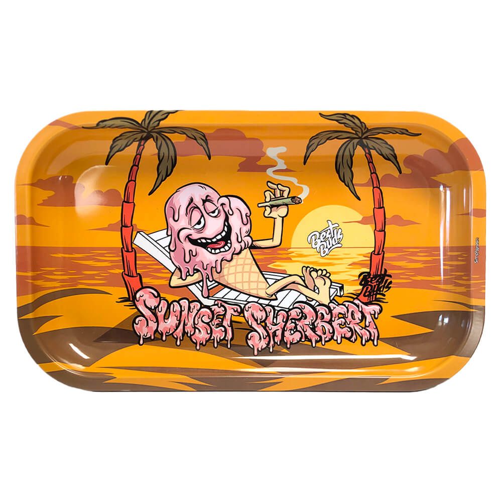 Długa tacka Best Buds Sunset Sherbet 16×27 cm: metalowa tacka kolekcjonerska z motywem Sunset Sherbet