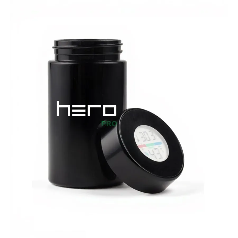 Szklany pojemnik HERO PRO 150 ml z fioletowego szkła biofotonicznego z higrometrem w pokrywie
