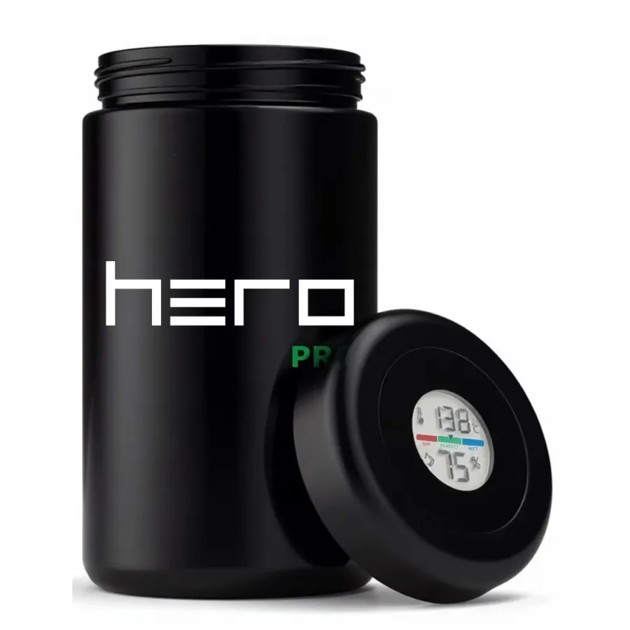 Szklany pojemnik HERO PRO 2000 ml z fioletowego szkła biofotonicznego z higrometrem w pokrywie
