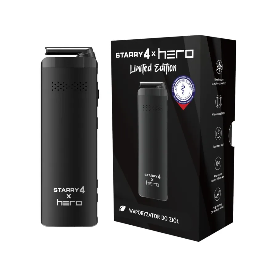Waporyzator X-Max Starry 4.0 X HERO Limited Edition - urządzenie obok pudełka limitowanej edycji