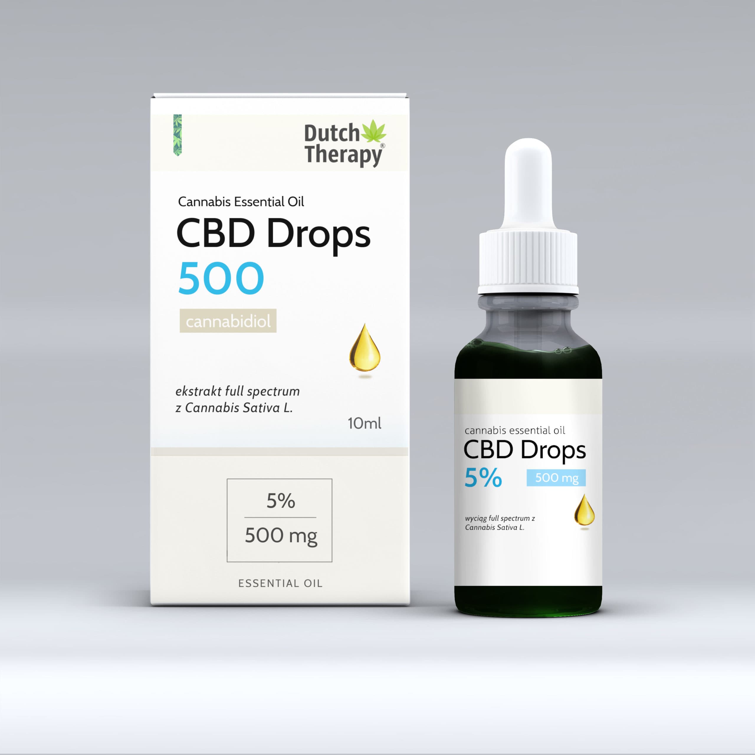 Olejek pełne spektrum 5% Dutch Therapy: butelka 10 ml z 500 mg kannabidiolu pełnego spektrum