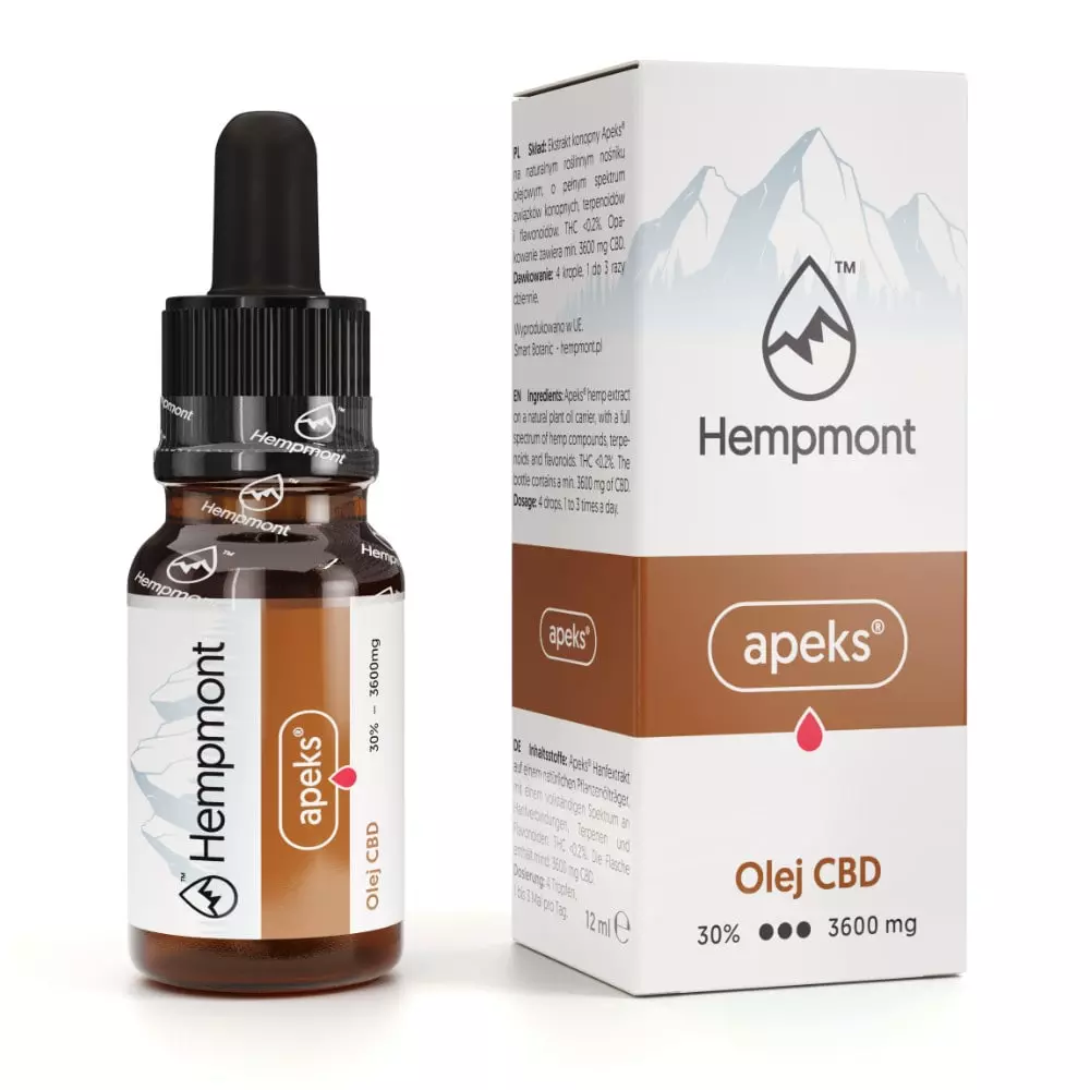 Olejek konopny pełne spektrum 30% Hempmont Apeks: butelka 12 ml z 3600 mg kannabidiolu