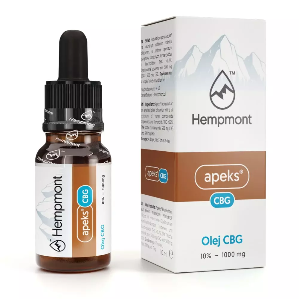 Olejek konopny z kannabigerolami 10% Hempmont Apeks: butelka 10 ml z 500 mg kannabigerolu i 500 mg kannabidiolu