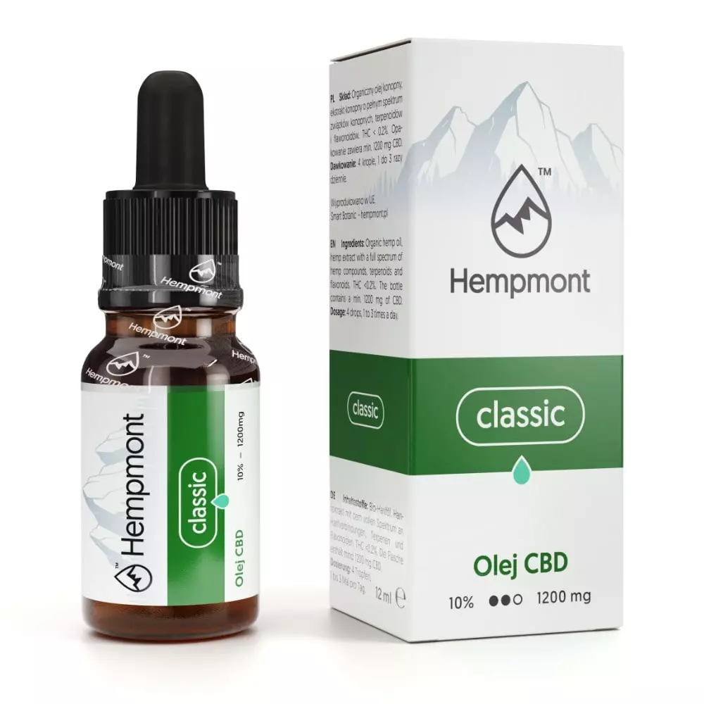 Olejek konopny pełne spektrum 10% Hempmont Classic: butelka 12 ml z 1200 mg kannabidiolu