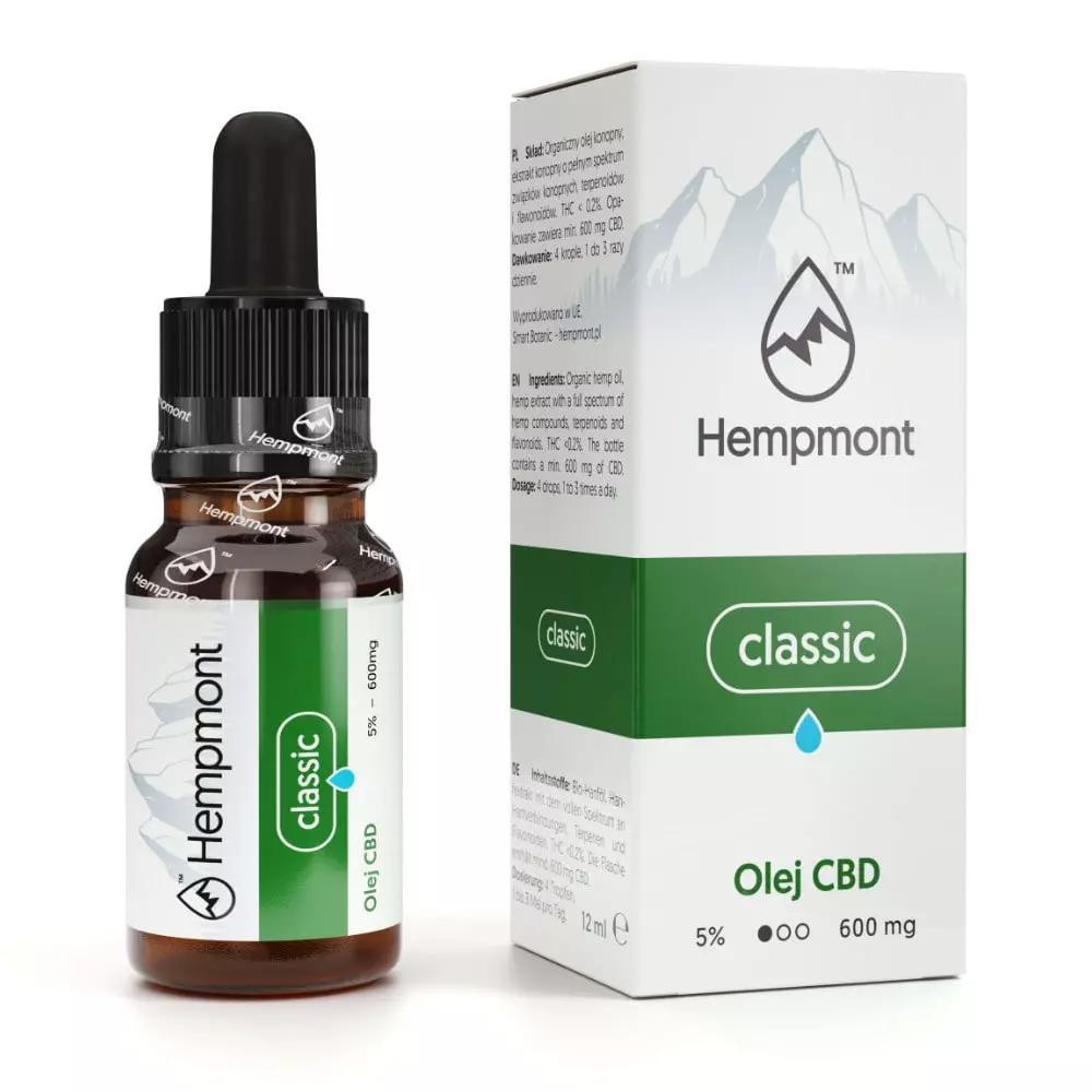 Olejek konopny pełne spektrum 5% Hempmont Classic: butelka 12 ml z 600 mg kannabidiolu