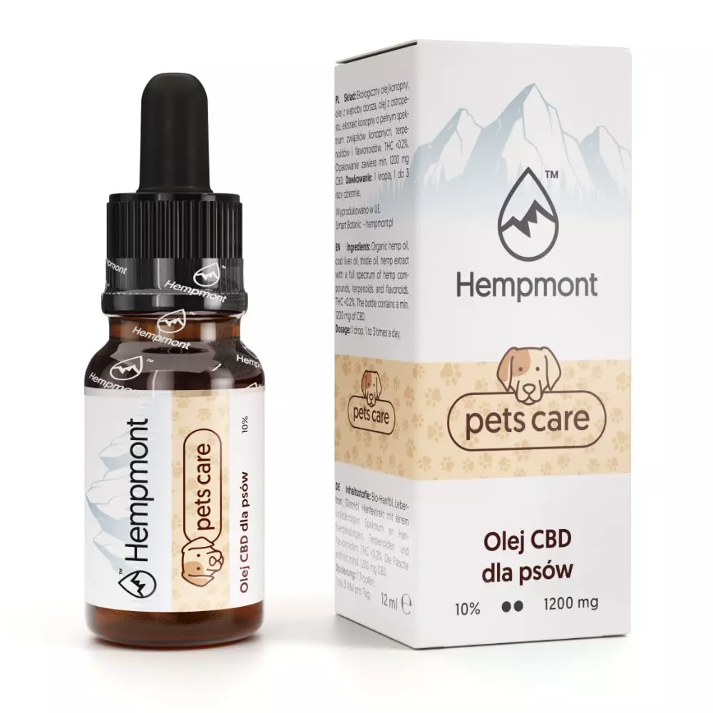 Olejek kannabidiol dla psów 10% Hempmont Pets Care: butelka 12 ml z kroplomierzem