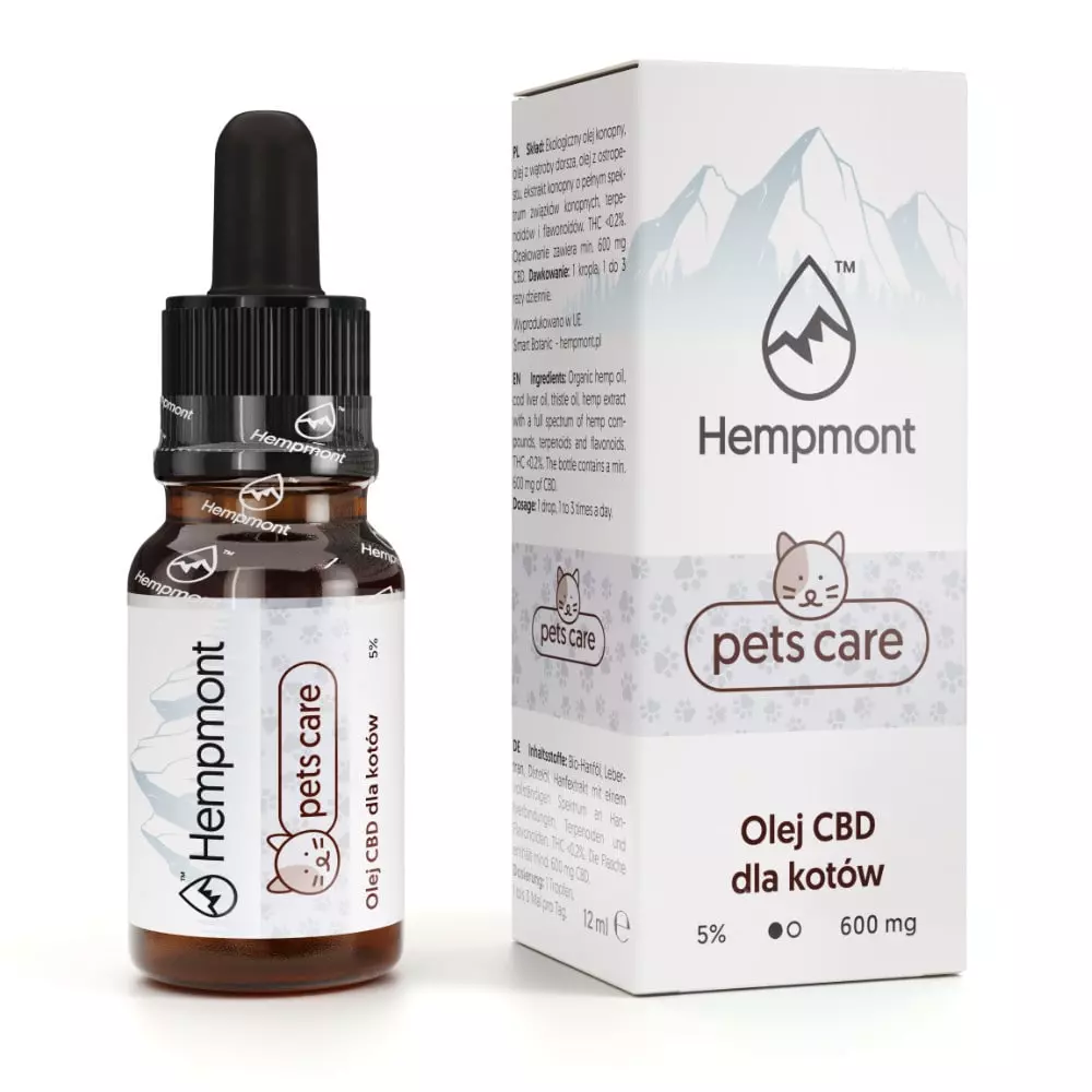 Olejek kannabidiol dla kotów 5% Hempmont Pets Care: butelka 12 ml z kroplomierzem