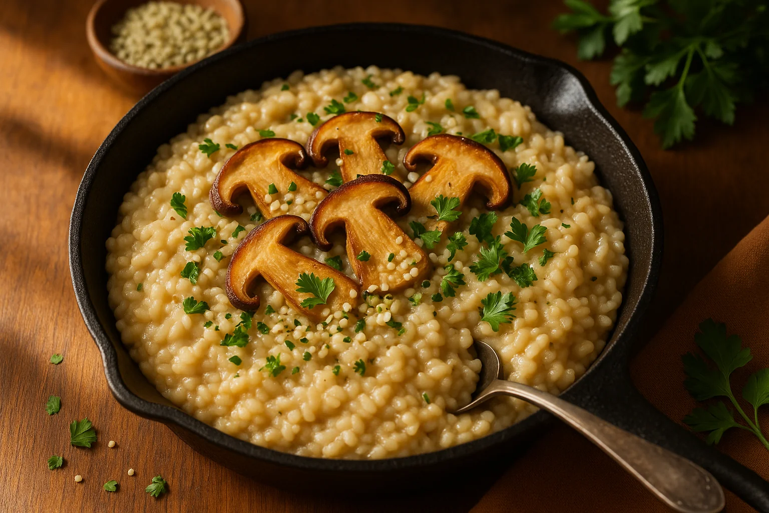 Risotto mit Hanfsamen und Waldpilzen
