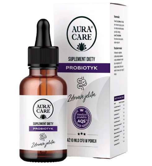 Aura Care Probiotyk Zdrowe Jelita 50 ml — probiotyk w płynie w buteleczce z pipetką
