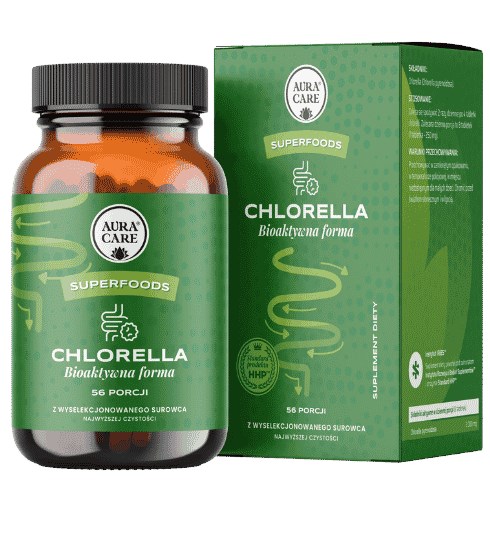 Aura Care Chlorella AQS — tabletki z Chlorella pyrenoidosa, opakowanie na 56 porcji