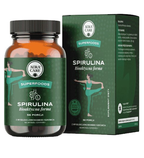 Aura Care Spirulina — tabletki z Arthrospira platensis, opakowanie na 56 porcji