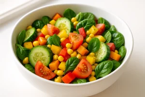 Colorful vegetable salad with hemp dressing