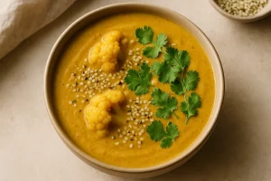 Cauliflower cream with hemp seeds and curry