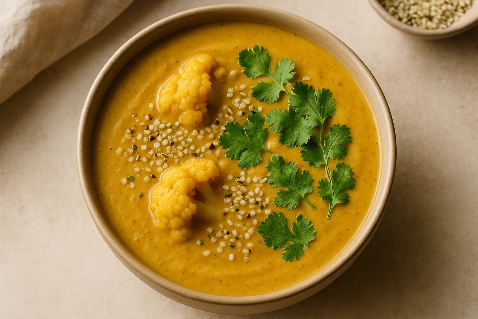 Cauliflower cream with hemp seeds and curry Cauliflower cream with hemp seeds and curry