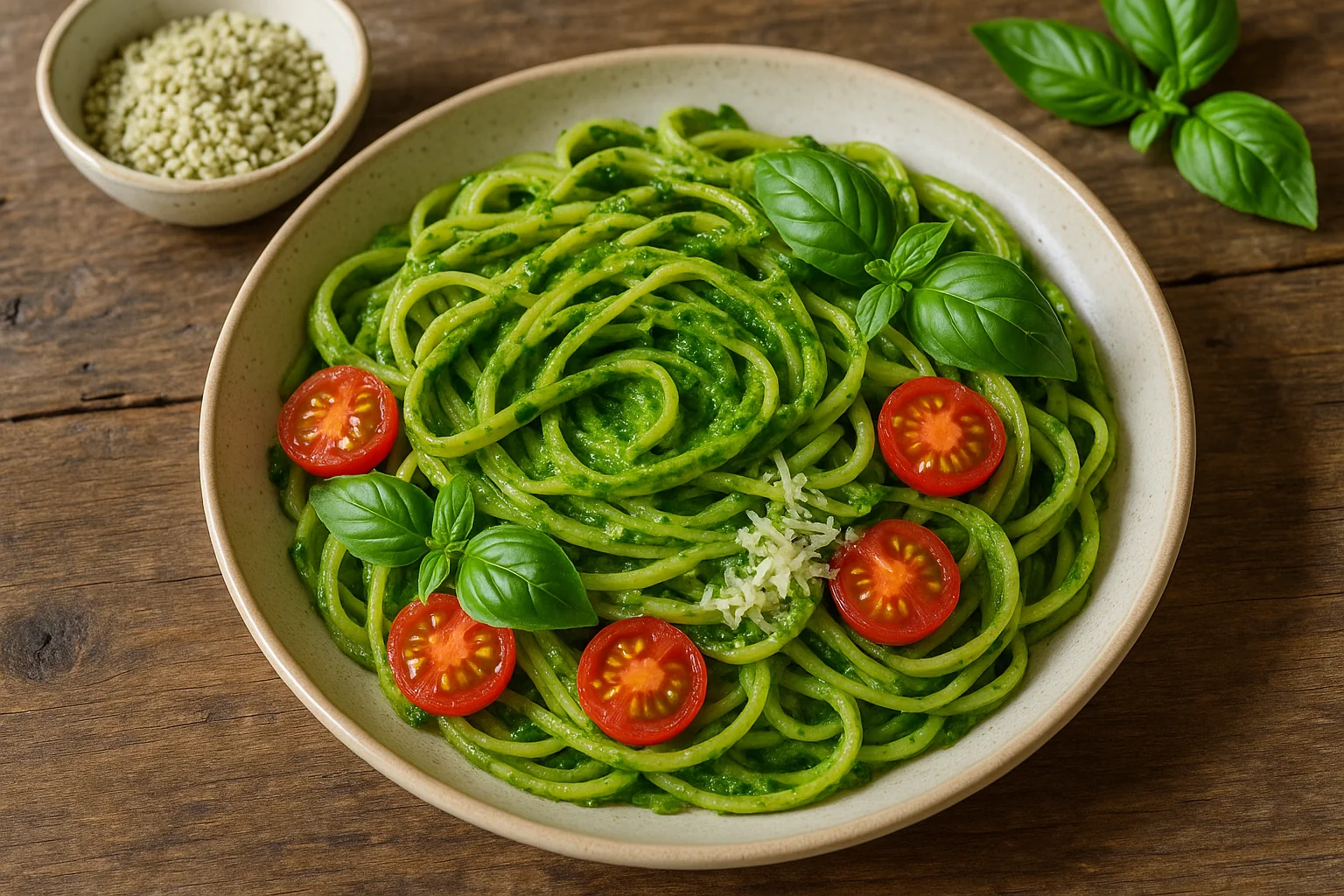 Makaron z pesto konopnym i pomidorkami cherry – szybki obiad Makaron z pesto konopnym i pomidorkami cherry – szybki obiad