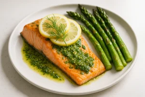 Baked salmon with hemp oil sauce