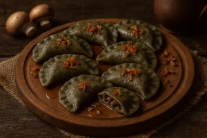 Hemp flour dumplings with mushroom filling