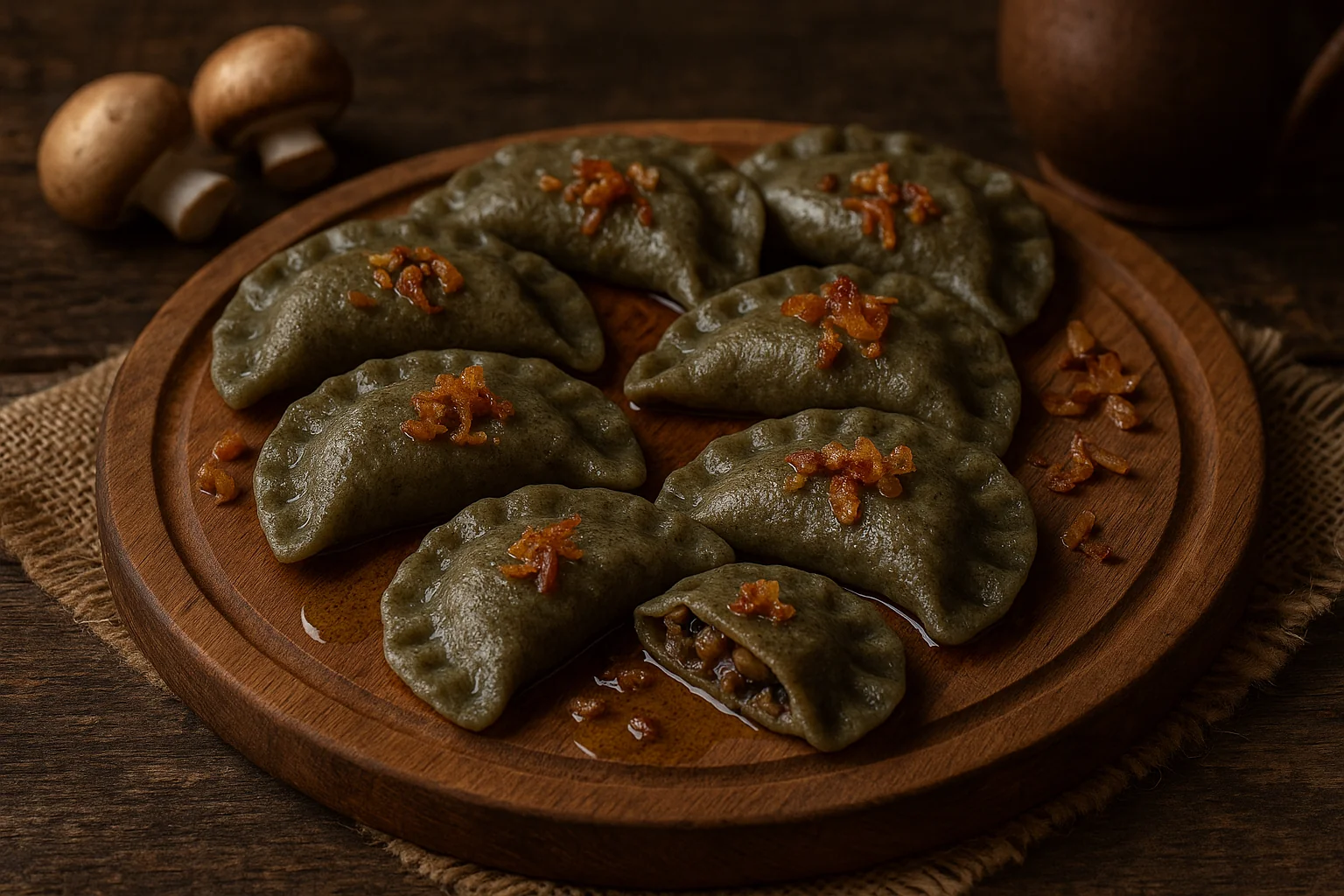 Hemp flour dumplings with mushroom filling Hemp flour dumplings with mushroom filling