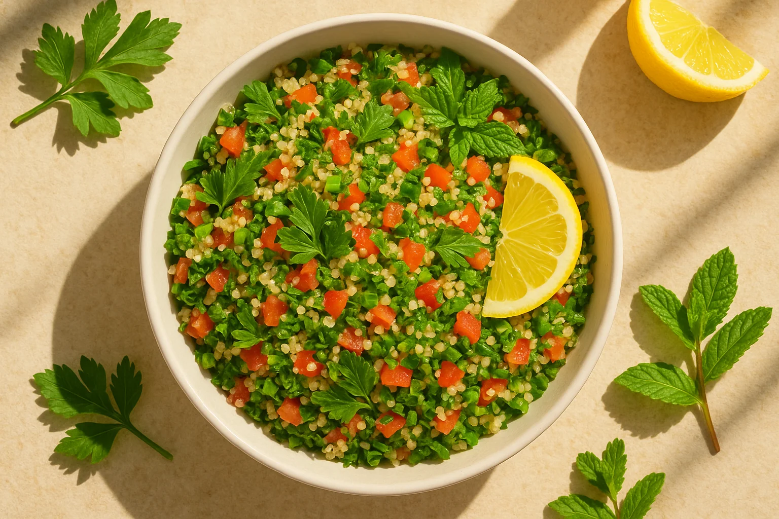 Tabbouleh z komosą i nasionami konopi – świeża sałatka główna Tabbouleh z komosą i nasionami konopi – świeża sałatka główna