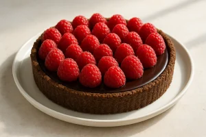 Chocolate tart with hemp flour and raspberries