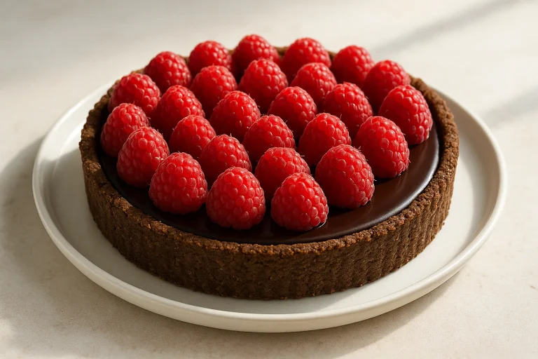 Tarta czekoladowa z mąką konopną i malinami