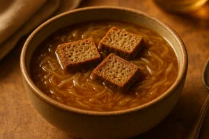 Onion soup with hemp croutons