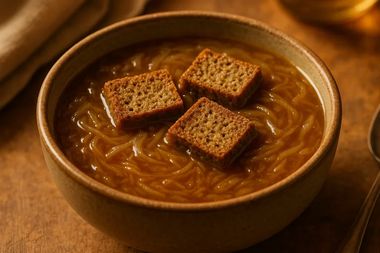 Onion soup with hemp croutons Onion soup with hemp croutons
